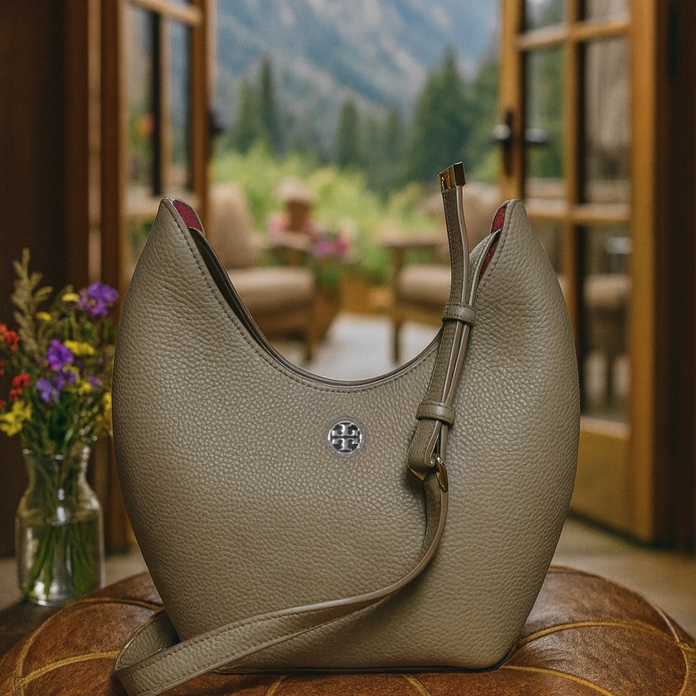 NEW Tory Burch Perry French Gray/Pink Leather Small Crossbody Hobo Bag